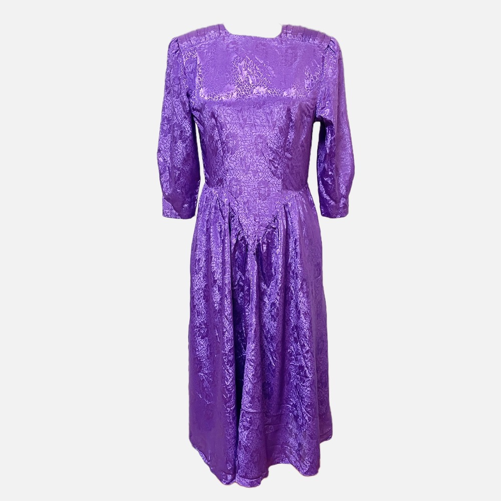 Erika's Place Vintage 80s Purple Floral Jacquard Basque Waist Maxi Dress Size 7 - Picture 2 of 8